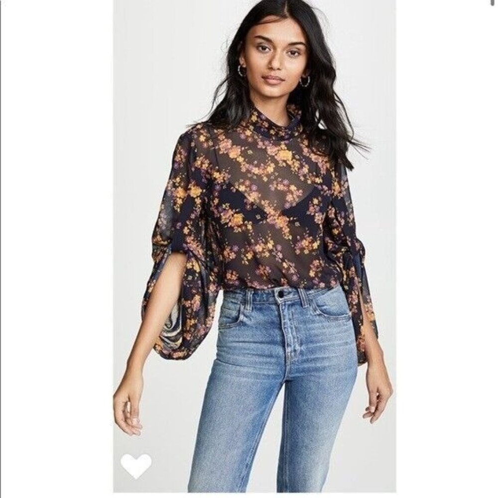 C/MEO Collective Sheer Black Floral Chiffon Bell Sleeve Blouse